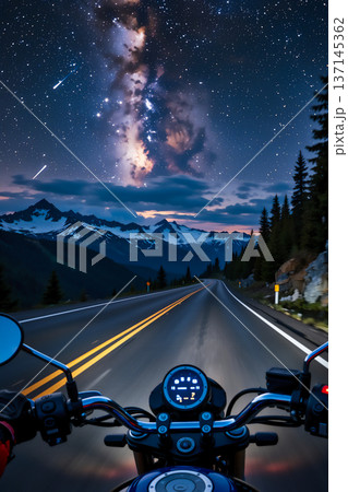 深夜の山道を走るオートバイ 深夜の山道を走るオートバイ 137145362