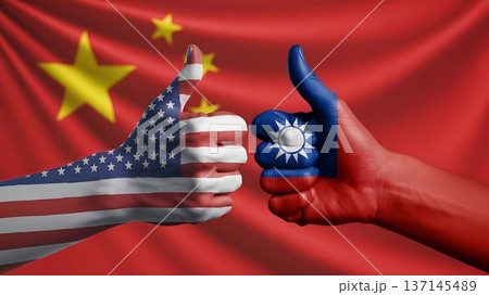 United States and Taiwan hands show thumbs up before China flag 137145489