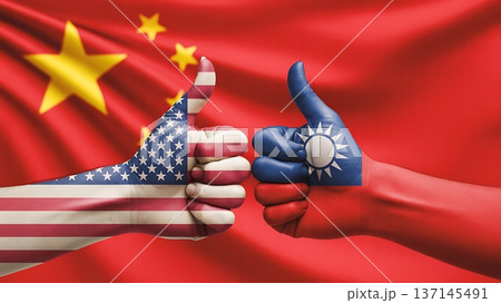 United States and Taiwan thumbs up gesture rises as China flag waves behind 137145491