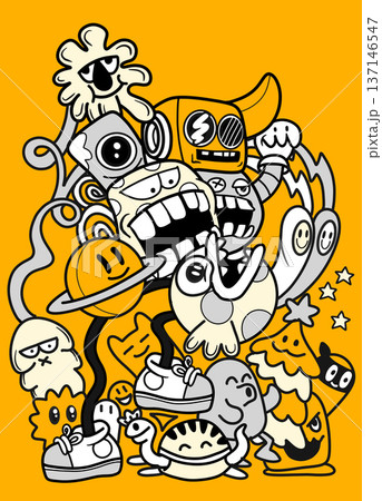 Cartoon doodle monster character happy abstract yellow fun creative playful art illustration 137146547