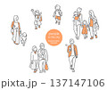 お出かけを楽しむいろいろな人々　シンプルでお洒落な線画イラスト 137147106