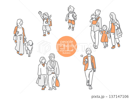 お出かけを楽しむいろいろな人々　シンプルでお洒落な線画イラスト 137147106