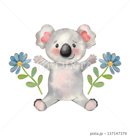 Cute happy cartoon koala with open arms and blue flat flowers. Hand-painted watercolor illustration isolated on white for kids design, children books, stickers, posters, branding, greeting cards 137147379
