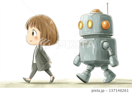 ロボットと並んで歩く若い女性のビジネスイメージ｜近未来の共存社会コンセプトイラスト 137148261