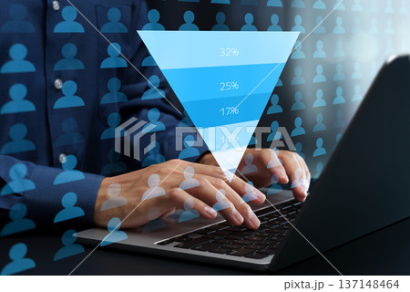 ファネル分析チャート。コンバージョン率と離脱率。カスタマージャーニーのマーケティング分析。ユーザーデ 137148464