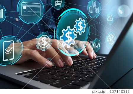 フィンテックのビジネスアプリケーション。デジタル決済による効率的な金融サービス。ノートパソコンを使っ 137148512