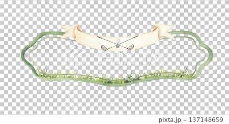 Golf Ornamental Frame with Ribbon and Grass Watercolor Illustration Golf Ornamental Frame with Ribbon and Grass Watercolor Illustration 137148659