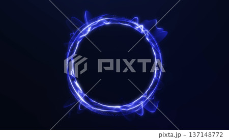 Glowing blue particle ring forming circular energy structure with dynamic digital waves on dark background. Futuristic abstract plasma halo with luminous dots and flowing technology pattern. 137148772