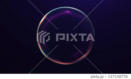 Abstract neon glowing sphere with purple and orange light gradients forming smooth circular energy surface on dark background. Futuristic luminous orb with soft plasma glow and minimal digital 137148776
