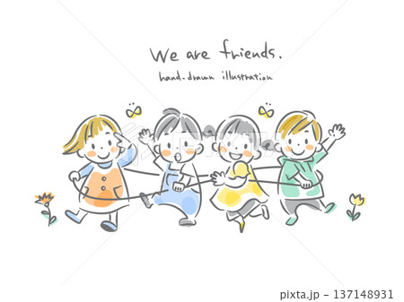 友達と一緒に電車ごっこをして遊ぶ子どもたち　やわらかいテイストの水彩風線画イラスト 137148931