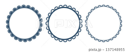 Navy blue lace circle frames set. Three round borders with scalloped cutout edges, dotted trim. Paper doily napkin patterns. Vintage invitation, tea party, cake mat, table decoration. Vector. Navy blue lace circle frames set. Three round borders with scalloped cutout edges, dotted trim. Paper doily napkin patterns. Vintage invitation, tea party, cake mat, table decoration. Vector. 137148955