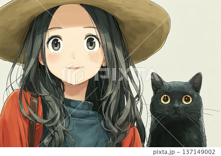 美優シリーズ：黒猫と並ぶ優しい魔女の女性｜ハロウィンのファンタジーイラスト 137149002