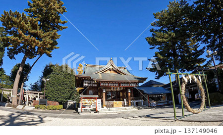 冬の晴天に映える神社の拝殿と茅の輪くぐり 冬の晴天に映える神社の拝殿と茅の輪くぐり 137149046