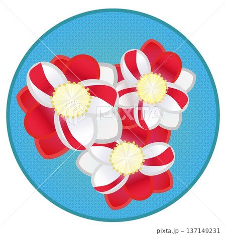 円形背景のついた紅白絞りの花桃のイラスト 137149231