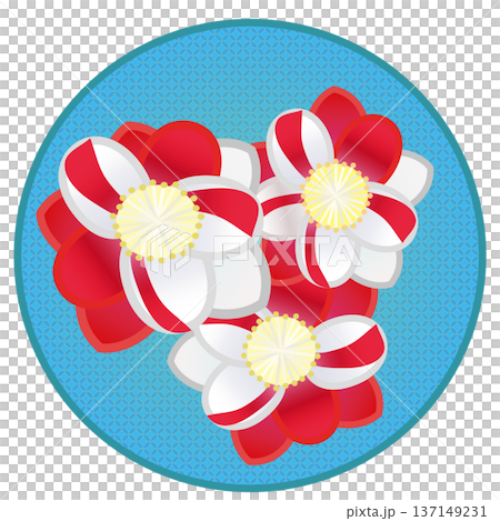 円形背景のついた紅白絞りの花桃のイラスト 137149231