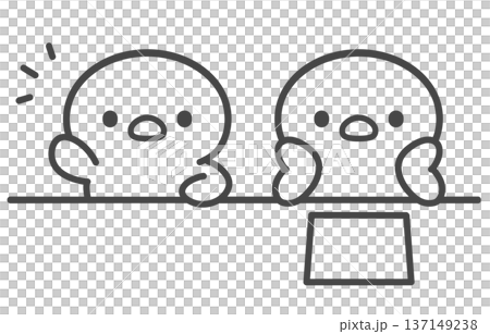 A hand-drawn line drawing of a chick raising its hand and a chick resting its chin on its hand. A contrast between the two during a lesson in front of a printout. 137149238