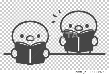 一幅手繪線條畫，描繪了一隻小雞坐著看書，以及另一隻小雞站著大聲朗讀的場景。課堂上的閱讀和展示場景。 137149240