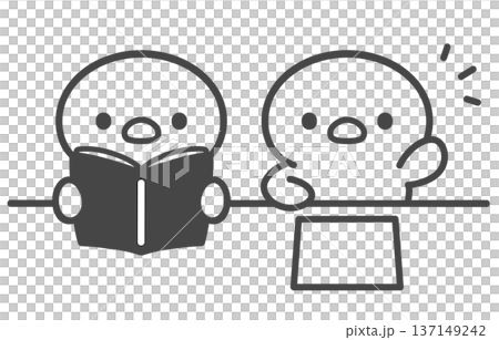 本を読むひよこと挙手するひよこの手書き線画イラスト 授業中の読書と発表シーン 本を読むひよこと挙手するひよこの手書き線画イラスト 授業中の読書と発表シーン 137149242