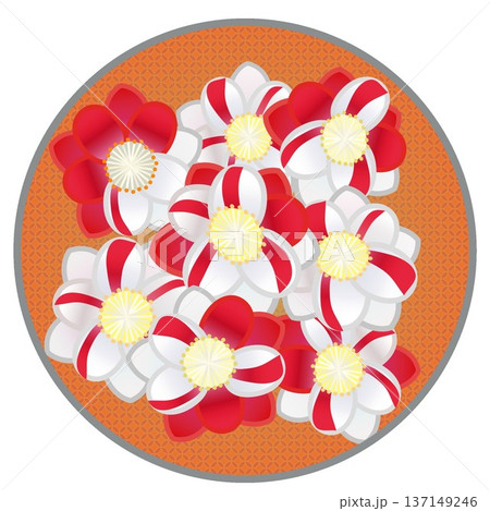 円形背景のついた紅白絞りの花桃のイラスト 円形背景のついた紅白絞りの花桃のイラスト 137149246