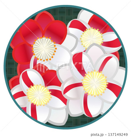 円形背景のついた紅白絞りの花桃のイラスト 円形背景のついた紅白絞りの花桃のイラスト 137149249