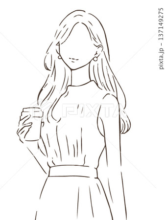 コップを持つエレガントな雰囲気の女性のイラスト　シンプルライン　白黒 137149275