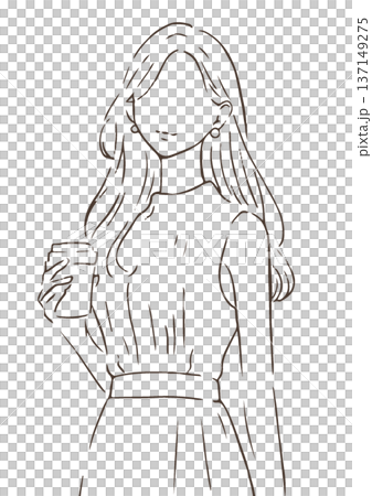 コップを持つエレガントな雰囲気の女性のイラスト　シンプルライン　白黒 137149275