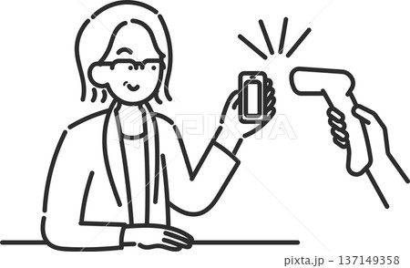 スマートフォンでキャッシュレス決済をする40代女性のイラスト　線画のみ 137149358