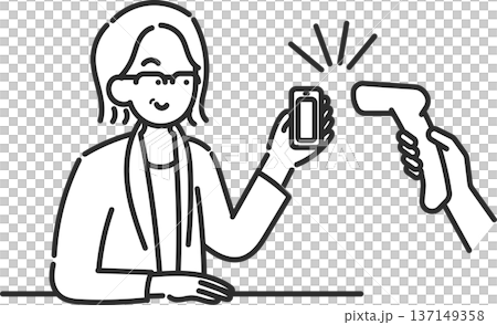 一位40多歲的女性使用智慧型手機進行非現金支付的插圖（僅線條畫） 137149358