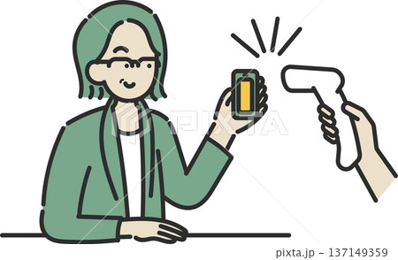 スマートフォンでキャッシュレス決済をする40代女性のイラスト スマートフォンでキャッシュレス決済をする40代女性のイラスト 137149359