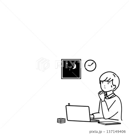 余白のある会議前に深夜残業で焦りながら資料を整理して考えるビジネスパーソン 137149406