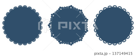 Blue lace doily napkin set. Three round frames with scalloped, floral cutout borders. Paper coaster patterns with varied edge designs. Vintage card, invitation, table decoration, tea party. Vector. Blue lace doily napkin set. Three round frames with scalloped, floral cutout borders. Paper coaster patterns with varied edge designs. Vintage card, invitation, table decoration, tea party. Vector. 137149415
