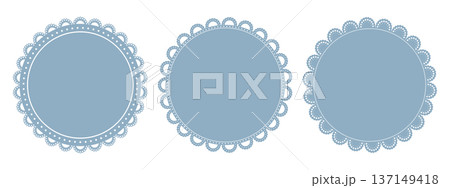 Light blue lace doily frames set. Three round napkins with scalloped borders, dotted trim. Paper coaster patterns with cutout edges. Vintage invitation, tea party mat, cake decoration. Vector. 137149418