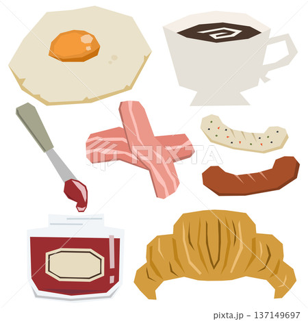 朝ごはんの挿絵などに使用できる目玉焼きやクロワッサンなどのベクターイラストセット 137149697