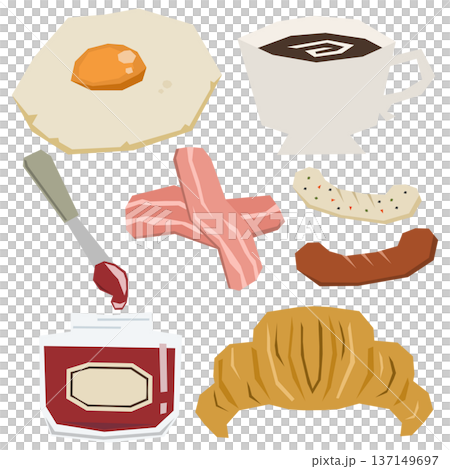 一套包含煎蛋、羊角麵包等食物的向量插圖，可用於早餐插圖。 137149697