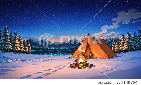 雪山で焚火とテントのイラスト 137149864