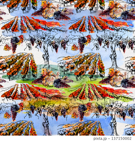 Seamless vineyard landscape pattern hand drawn in ink and watercolor. Rolling hills, fields, wooden barrels, grape vines for wine labels, packaging, wrapping paper, textiles, gourmet branding design. 137150002