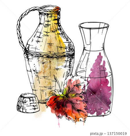 Winery still life, glass decanter and rattan carafe jug with grape leaf. Isolated illustration hand drawn in watercolor and ink for boutique wine shop, foodie blogs, Italian tours, gastronomy visuals. 137150019