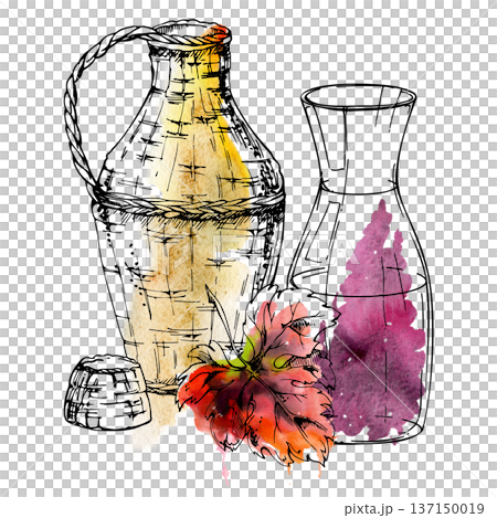 Winery still life, glass decanter and rattan carafe jug with grape leaf. Isolated illustration hand drawn in watercolor and ink for boutique wine shop, foodie blogs, Italian tours, gastronomy visuals. 137150019
