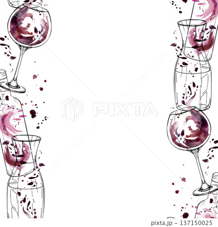 Double seamless banner with bottle, decanter and balloon glass in ink line, wine watercolor splash. Isolated illustration hand drawn for event stationery, gourmet branding, brochures, restaurant menu Double seamless banner with bottle, decanter and balloon glass in ink line, wine watercolor splash. Isolated illustration hand drawn for event stationery, gourmet branding, brochures, restaurant menu 137150025