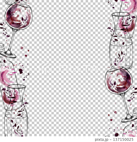Double seamless banner with bottle, decanter and balloon glass in ink line, wine watercolor splash. Isolated illustration hand drawn for event stationery, gourmet branding, brochures, restaurant menu Double seamless banner with bottle, decanter and balloon glass in ink line, wine watercolor splash. Isolated illustration hand drawn for event stationery, gourmet branding, brochures, restaurant menu 137150025