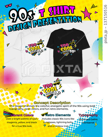 Retro 90s T Shirt Design with Neon Typography and Icons 137150516