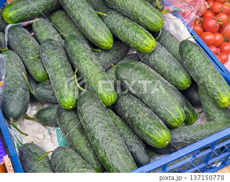 Market.Many fresh green vegetable cucumbers on counter 137150778