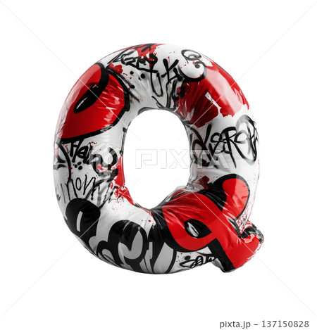 Inflatable letter Q covered in graffiti art isolated on white background, representing urban creativity and bold street concept 137150828