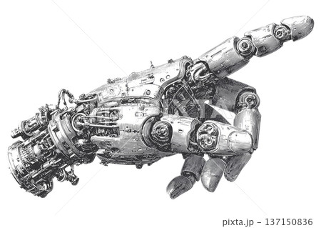 Mechanical robotic pointing hand in intricate line art isolated on white background, symbolizing technology and innovation Mechanical robotic pointing hand in intricate line art isolated on white background, symbolizing technology and innovation 137150836