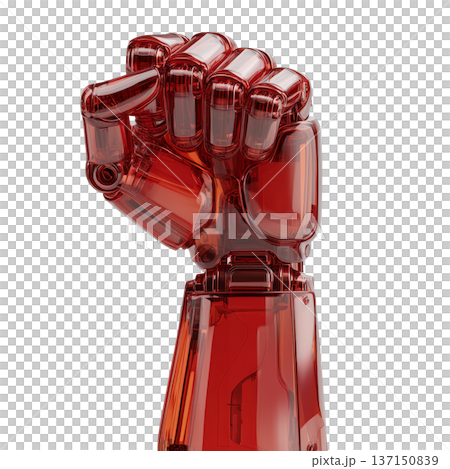 Red transparent mechanical fist shown close-up in glossy style isolated on white background, symbolizing strength and innovation 137150839