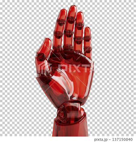 A red transparent robotic open palm hand in glossy style on white background, symbolizing technology and innovation concepts 137150840