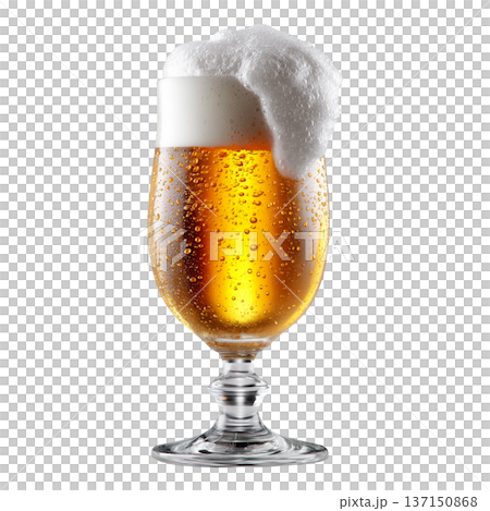 A glass of golden beer with thick foam shown isolated on white background, concept of refreshment and celebration 137150868