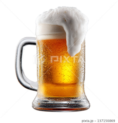 A glass of golden beer with thick foam shown isolated on white background, concept of refreshment and celebration 137150869