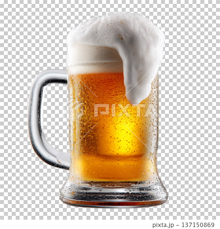 A glass of golden beer with thick foam shown isolated on white background, concept of refreshment and celebration 137150869