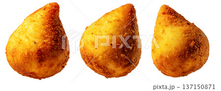 Fried Brazilian coxinhas cone snack filled shredded chicken cheese with golden crispy texture isolated on white background Fried Brazilian coxinhas cone snack filled shredded chicken cheese with golden crispy texture isolated on white background 137150871